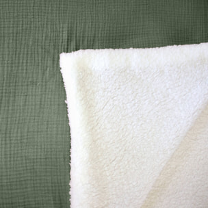 Plaid sherpa et gaze de coton 130 x 170 cm kaki. ALIX. bi-matière