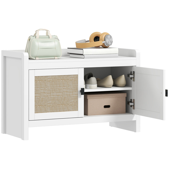 Banco Zapatero Mueble Zapatero Banco de Almacenamiento Bohemio con Puertas Frentes de Ratán Estante Extraíble para 8 Pares de Zapatos para Entrada Dormitorio 80x35x52 cm Blanco