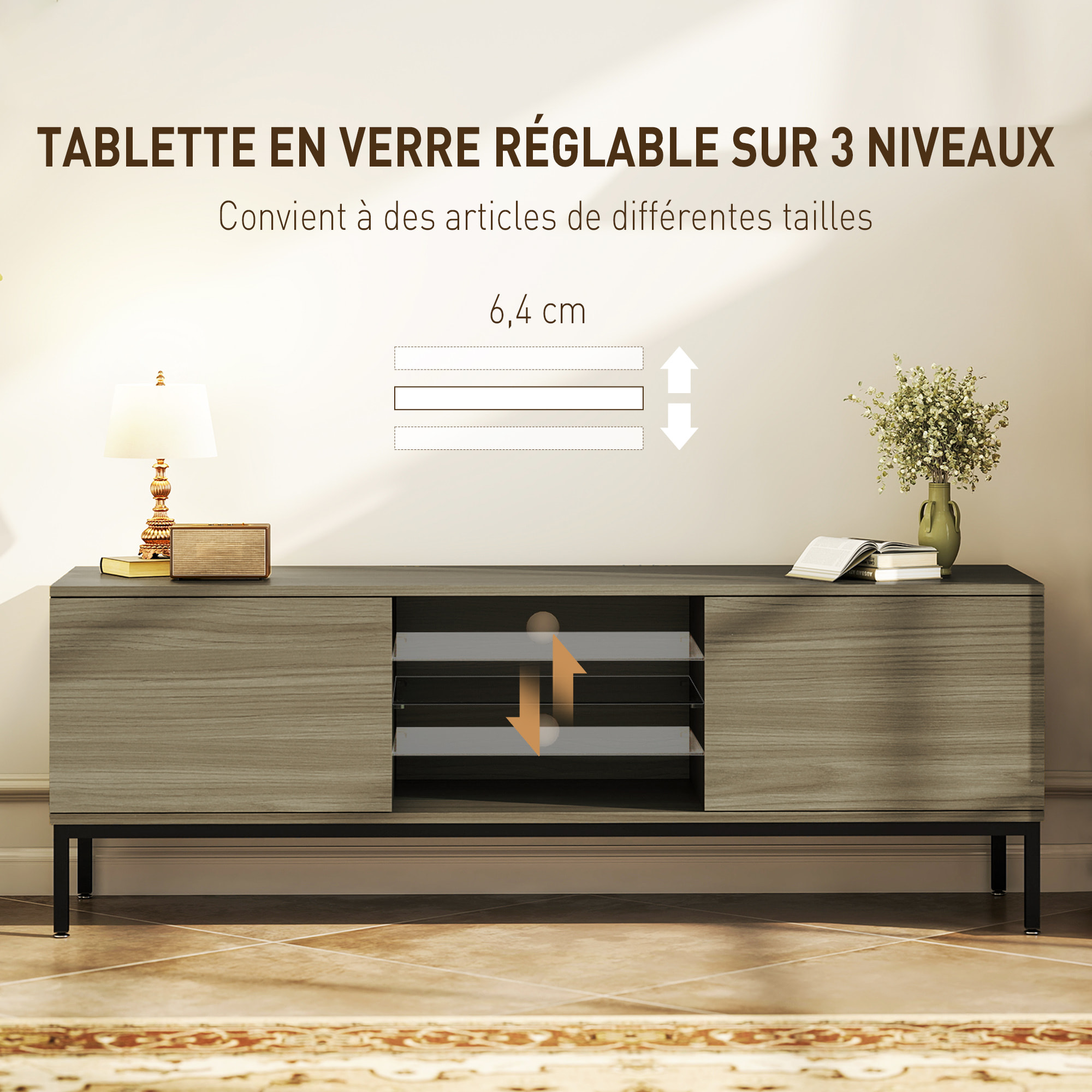 Meuble TV banc TV 2 portes étagère verre 140x40x49cm piètement acier noir effet bois gris