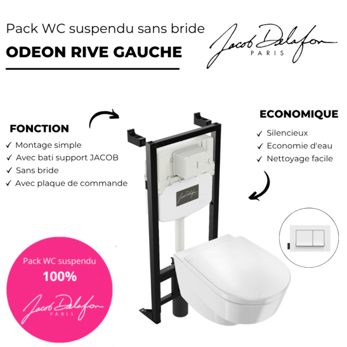 Pack WC suspendu sans bride Odéon Rive Gauche + bâti support + plaque avec abattant standard