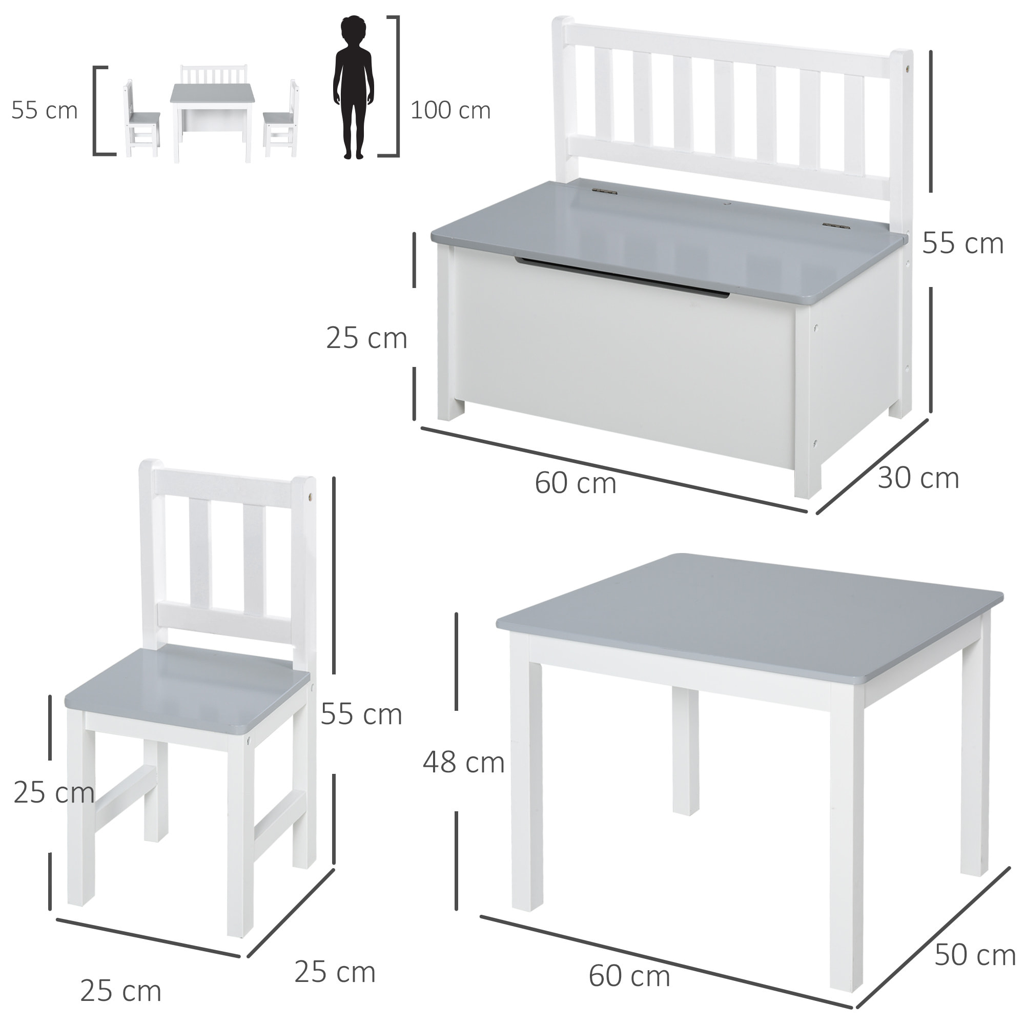 Mesa y Sillas Infantiles de 4 Piezas Mesa Infantil con 2 Sillas y Banco con Almacenaje Juego de Muebles para Actividades para Niños de +3 Años para Dormitorio Sala de Juegos Gris y Blanco