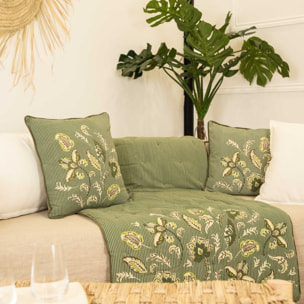 Édredon décoratif en polylin motif floral - Vert Olive