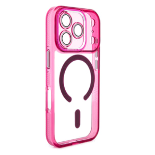 Custodia trasparente con fotocamera coperta e bordi fucsia. Magsafe per iPhone 17 Pro.