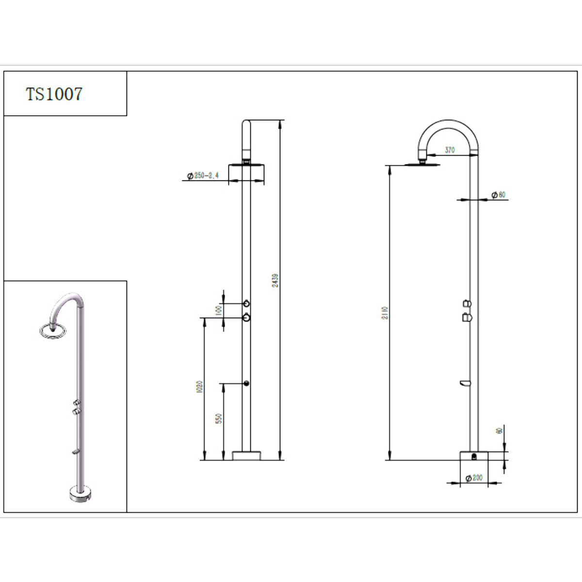 Douche extérieure acier inoxydable 316L, eau chaude/froide, grande tête de douche orientable de 25 cm, rince-pieds (TS1007)