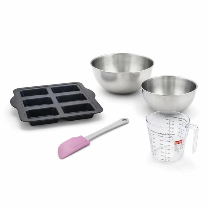 Set pâtisserie avec moule à 6 financiers silicone, 2 bols à mixer, verre mesureur et spatule Zenker