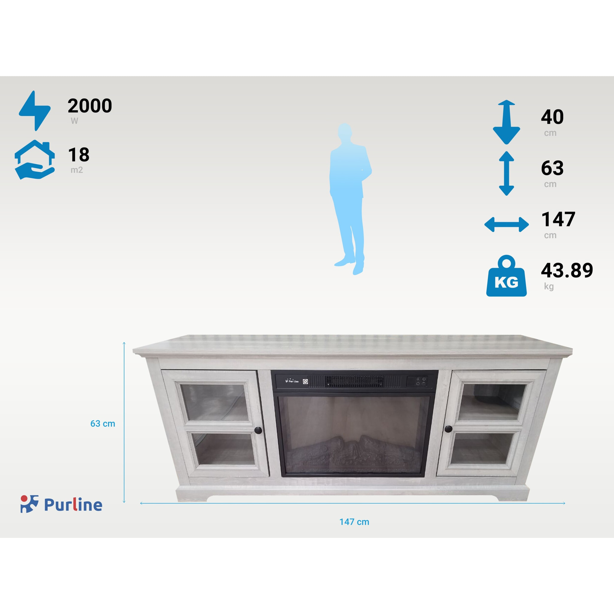 Chimenea eléctrica con mueble aparador rustico color gris CHE-900 PURLINE
