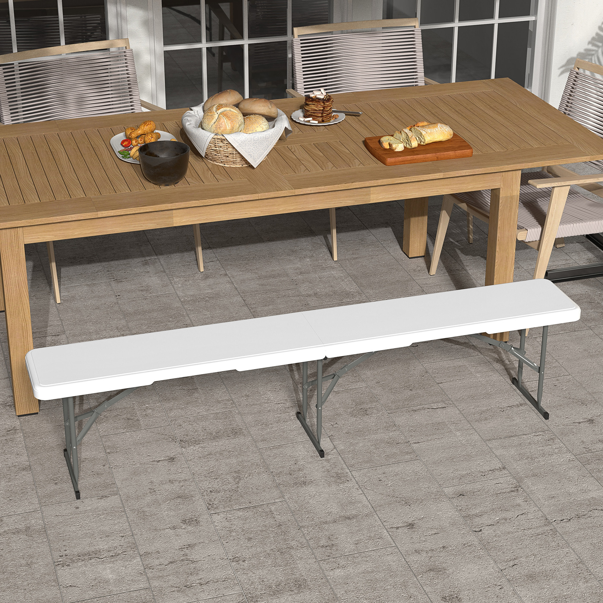 Banco de Jardín Plegable Banco Exterior de 3 Plazas con Marco de Acero Carga 360 kg para Patio Terraza Balcón Camping 183x28x43 cm Blanco