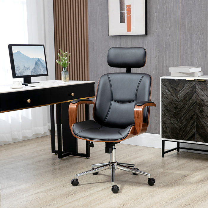 Silla de Oficina Ergonómica Silla de Escritorio Giratoria de Cuero PU con Reposacabezas Extraíble Altura Ajustable y Función de Inclinación 63x62x110-120 cm Negro