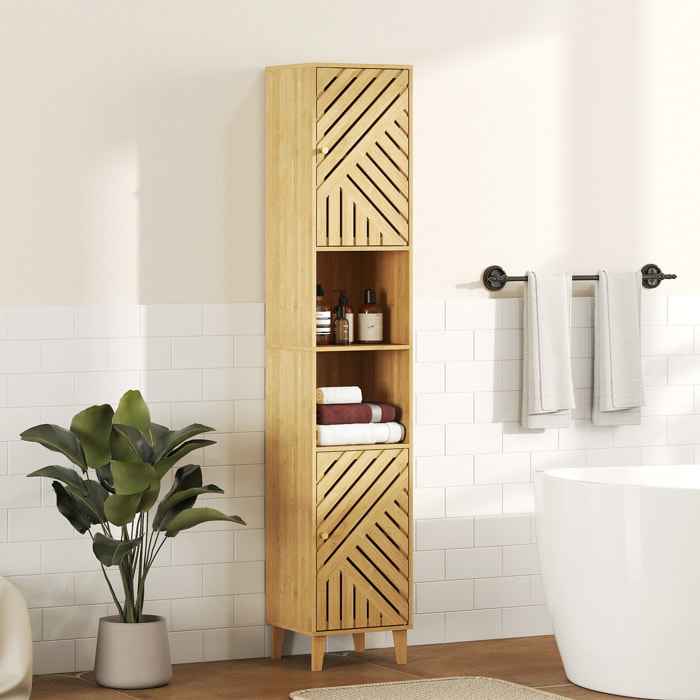 Armoire salle de bain haute, meuble de rangement colonne, portes et pieds en bambou, niches ouvertes, étagères réglables, meuble étroit pour toilette, petits espaces, 32x30x170cm, bois naturel