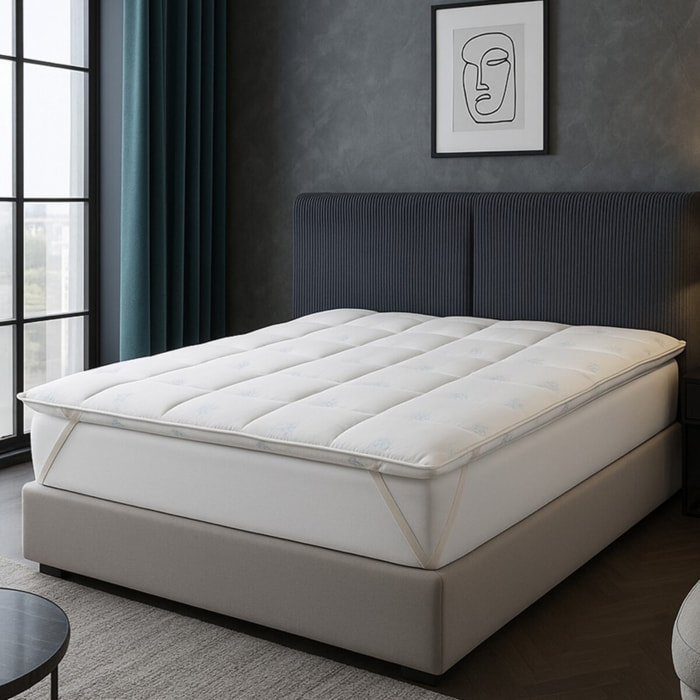 Surmatelas été 100% microfibre | Tissu Ice Cool rafraîchissant | Bande respirante 360° | Sangles de maintien