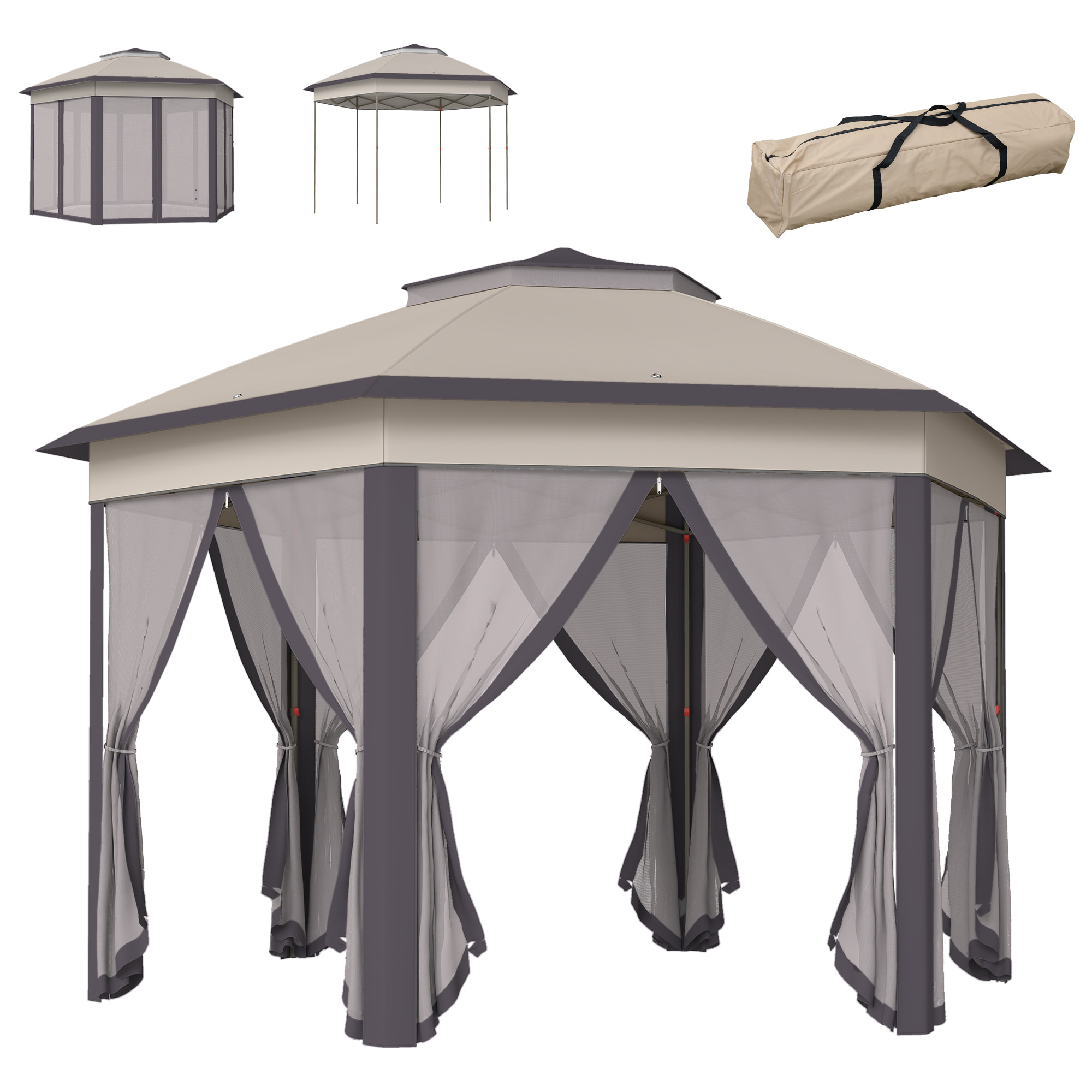 Carpa Plegable 4x3,4 m, Cenador de Jardín Hexagonal con Doble Techo, 6 Mosquiteras Extraíbles y Bolsa de Transporte, Impermeable, Anti-UV para Exterior, Fiestas, Marrón y Beige