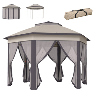Carpa Plegable 4x3,4 m, Cenador de Jardín Hexagonal con Doble Techo, 6 Mosquiteras Extraíbles y Bolsa de Transporte, Impermeable, Anti-UV para Exterior, Fiestas, Marrón y Beige