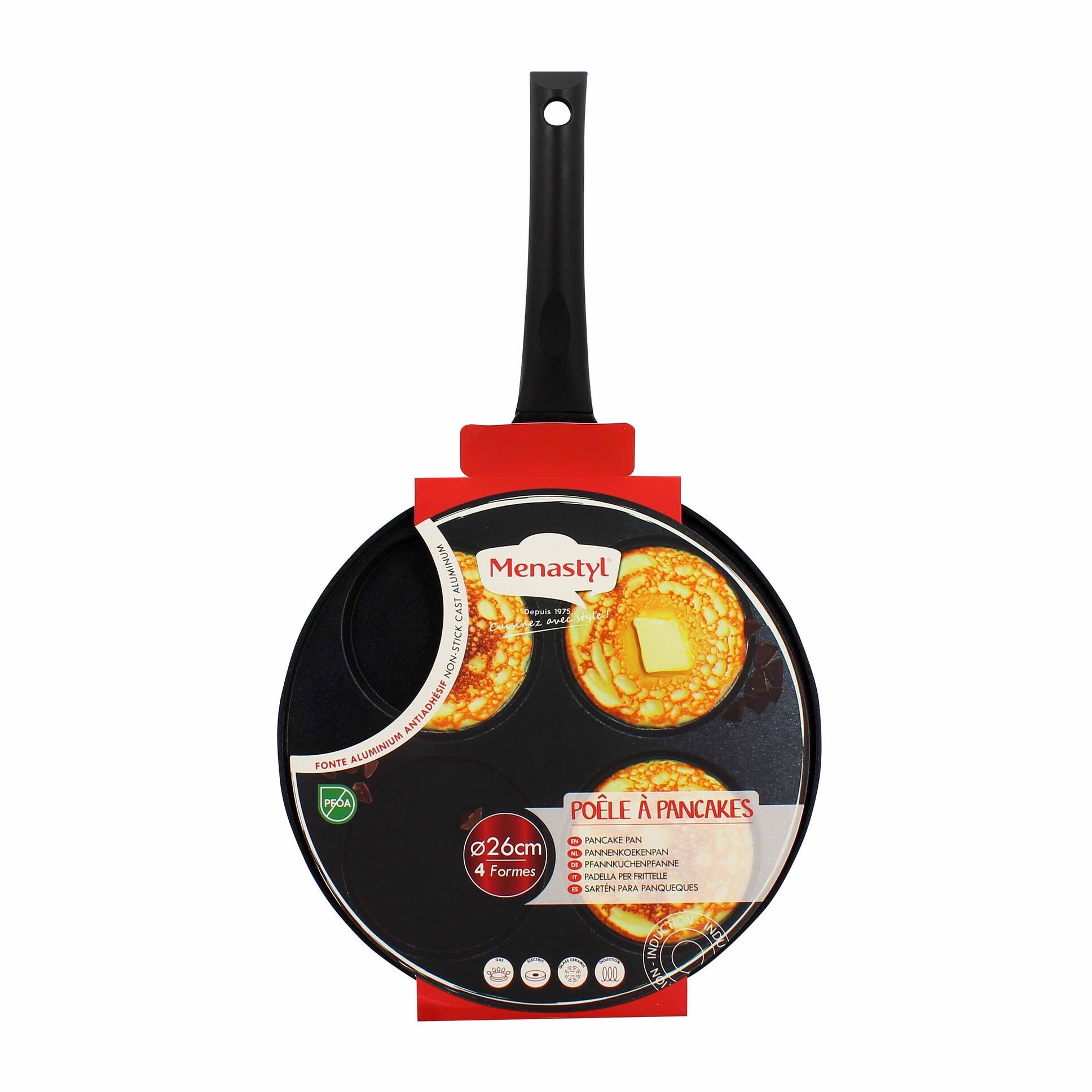 Poêle à pancakes 26cm en aluminium noir 4 trous