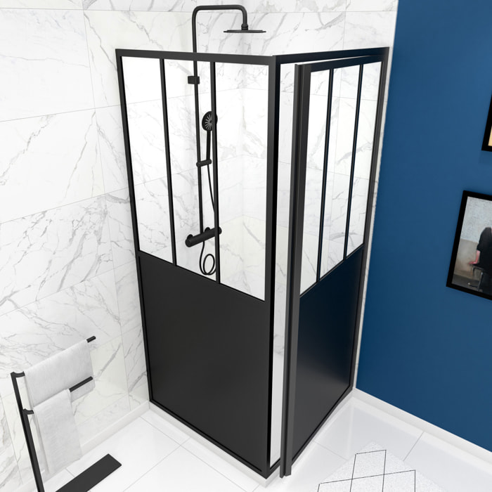 Porte de douche pivotante + paroi retour atelier - 90x200cm PROFILE NOIR MAT - verre 5mm