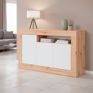 Credenza Moderna Madia A Terra Con 3 Ante Vano A Giorno E Ripiani Interni Mobile Contenitore In Melaminico Antigraffio 144x42x87 Cm Rovere e Bianco