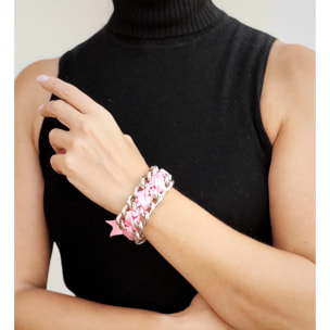 Pulsera cadena plata y cintas RockYou Rosa