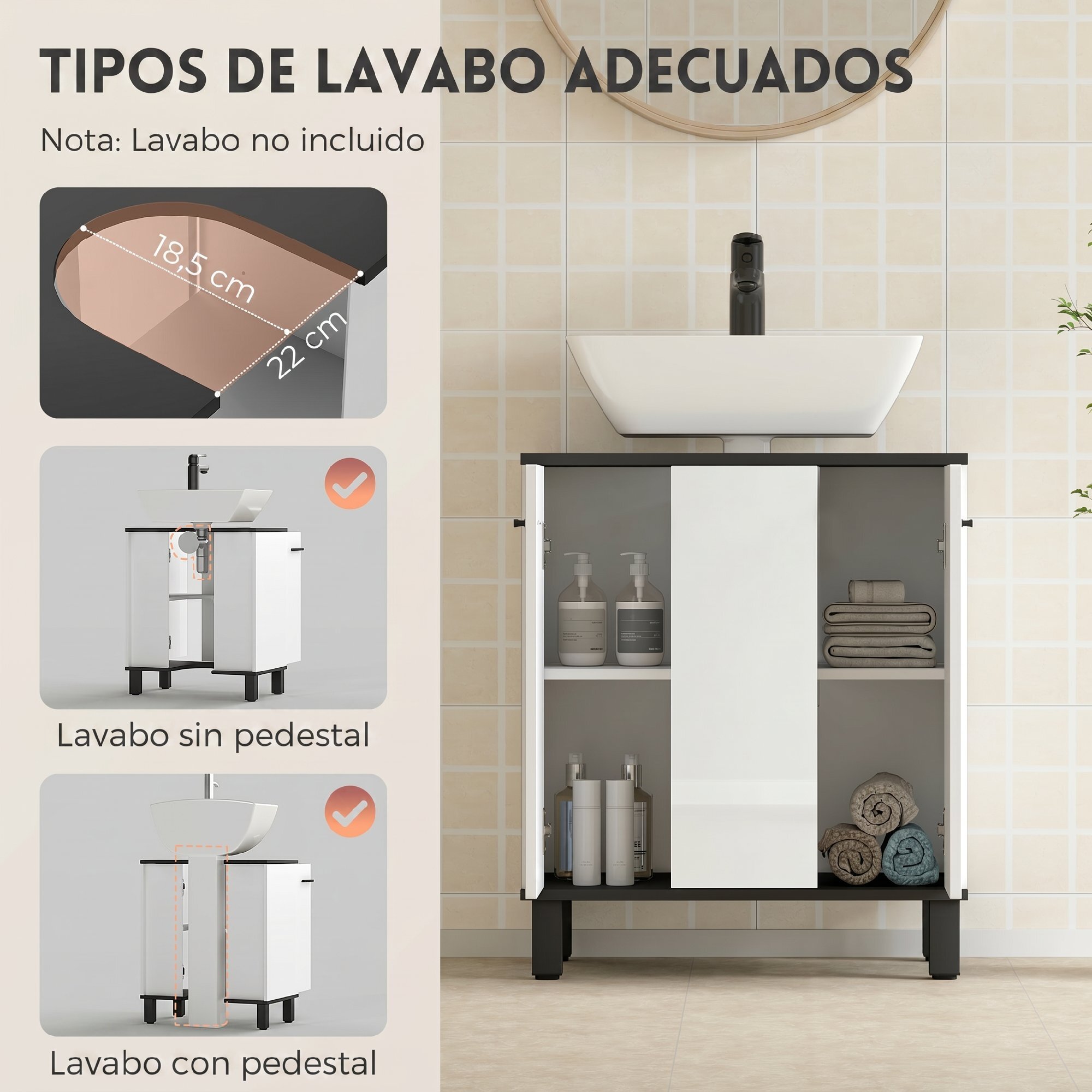 Mueble Bajo Lavabo, Mueble de Baño Compacto con Estante Ajustable, 2 Puertas, Estilo Moderno, para Lavabo con o sin Pedestal, 60x34x70 cm, Blanco Brillo