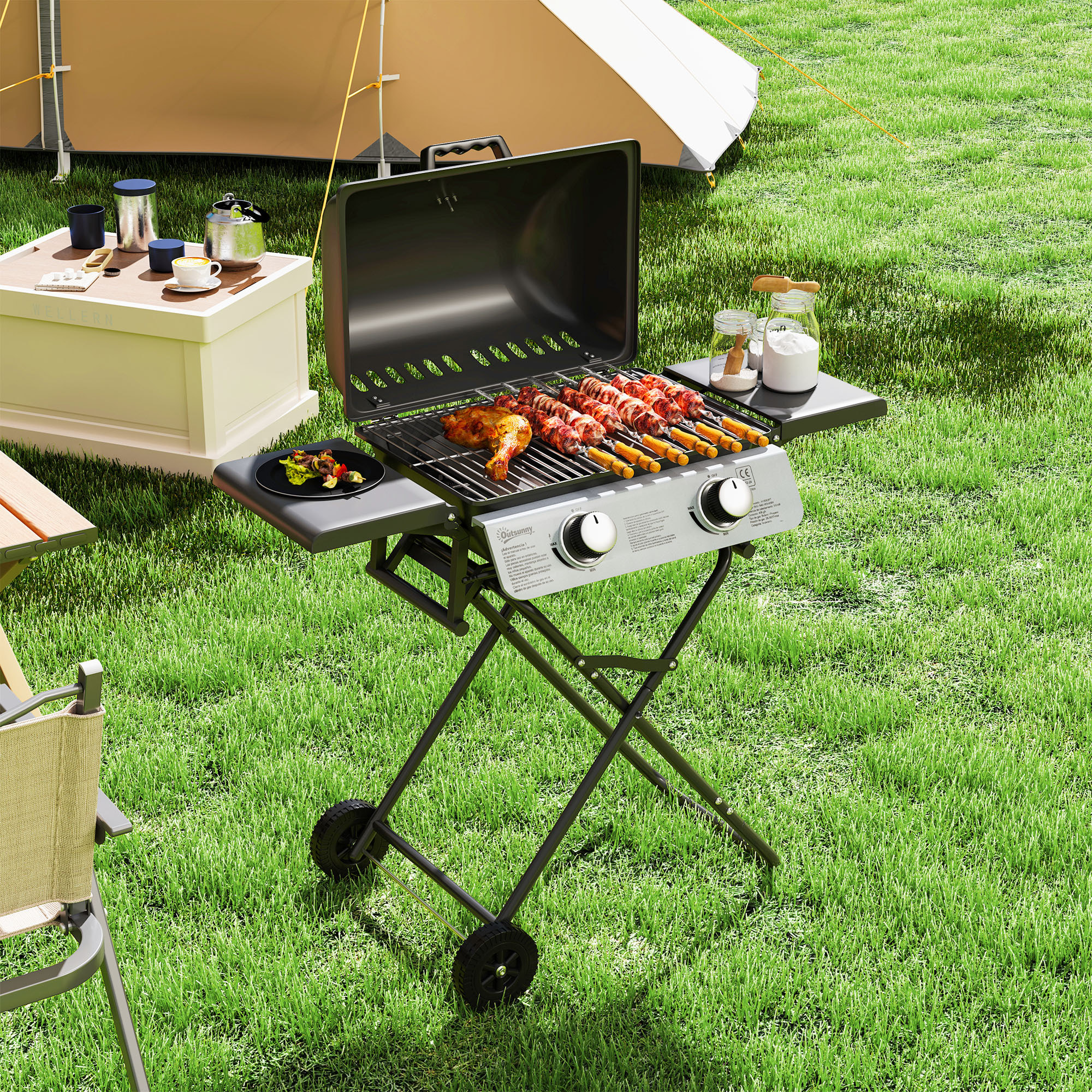 Barbacoa de Gas con 2 Quemadores de Acero Inoxidable 2,8 KW Barbacoa Portátil con Mesas Laterales Plegables Bandeja Extraíble Termómetro y 2 Ruedas para Pícnic Camping 101x50x102 cm Negro