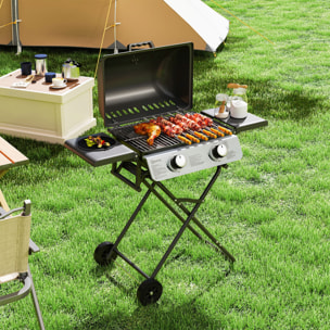 Barbacoa de Gas con 2 Quemadores de Acero Inoxidable 2,8 KW Barbacoa Portátil con Mesas Laterales Plegables Bandeja Extraíble Termómetro y 2 Ruedas para Pícnic Camping 101x50x102 cm Negro