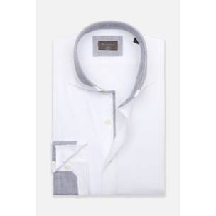 Camicia Uomo 1 Bottone Francese Contrasto sul Collo Popeline Stretch Unito Bianco