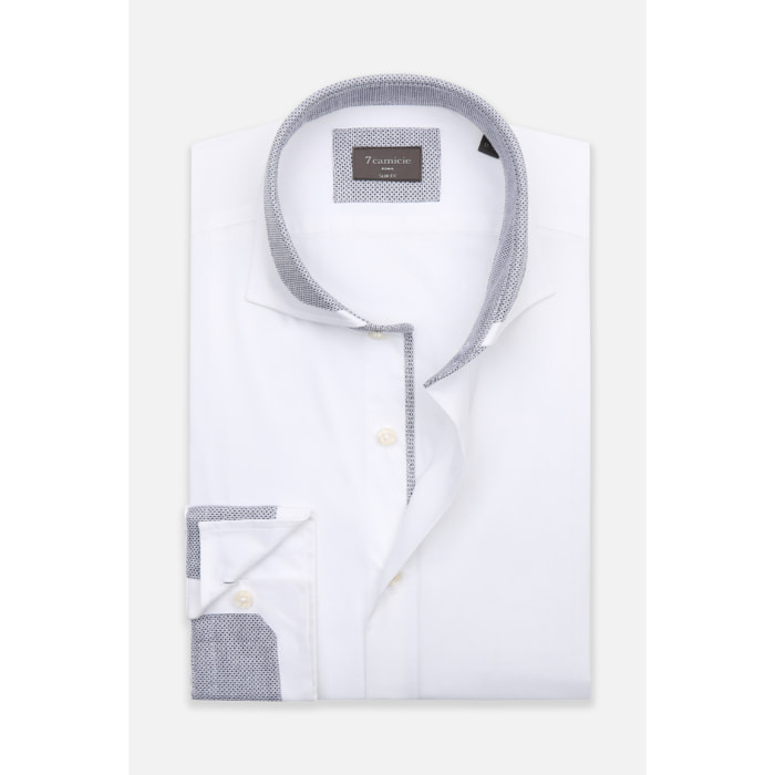 Camicia Uomo 1 Bottone Francese Contrasto sul Collo Popeline Stretch Unito Bianco
