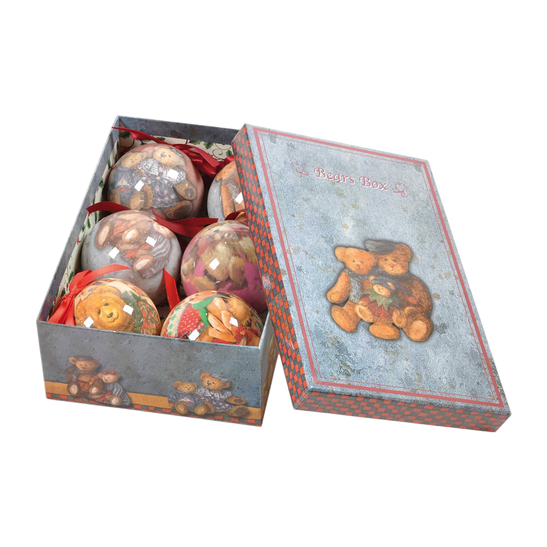 Box 6 sfere natalizie, Ornamenti fantasia orsetti, Set assortimento palline di Natale, Scatola set albero di Natale, Diametro 7,5 cm, multicolor