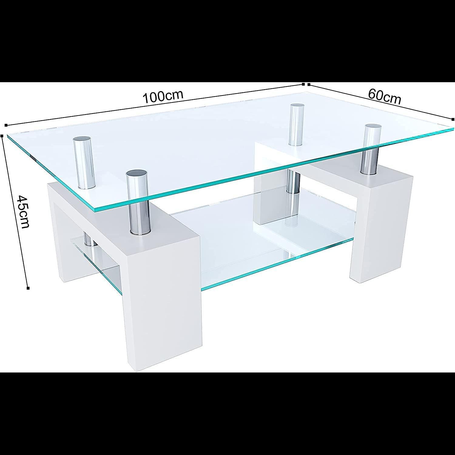 Tavolino Basso Rettangolare Salotto In Vetro E Legno MDF Soggiorno Salone Sala Pranzo Tavolo Caffè Ripiano Moderno Elegante Bianco 100 x 60 x 45 cm