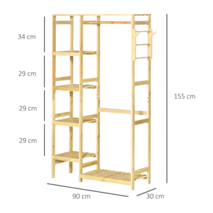 Penderie porte-manteaux - 5 étagères, espace penderie, 2 patères - dim. 90L x 30l x 155H cm - bois bambou