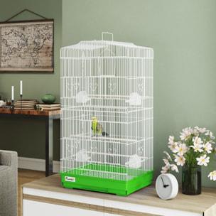 Jaula para Pájaros, Jaula de Metal para Pájaros con Puertas, 4 Comederos, 3 Perchas, Columpio, Bandeja Extraíble y Asa de Transporte, para Loro, Canario, Periquito, 46,5x35,5x92 cm, Verde