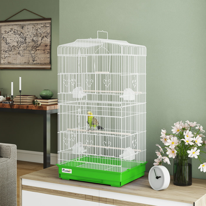Jaula para Pájaros, Jaula de Metal para Pájaros con Puertas, 4 Comederos, 3 Perchas, Columpio, Bandeja Extraíble y Asa de Transporte, para Loro, Canario, Periquito, 46,5x35,5x92 cm, Verde