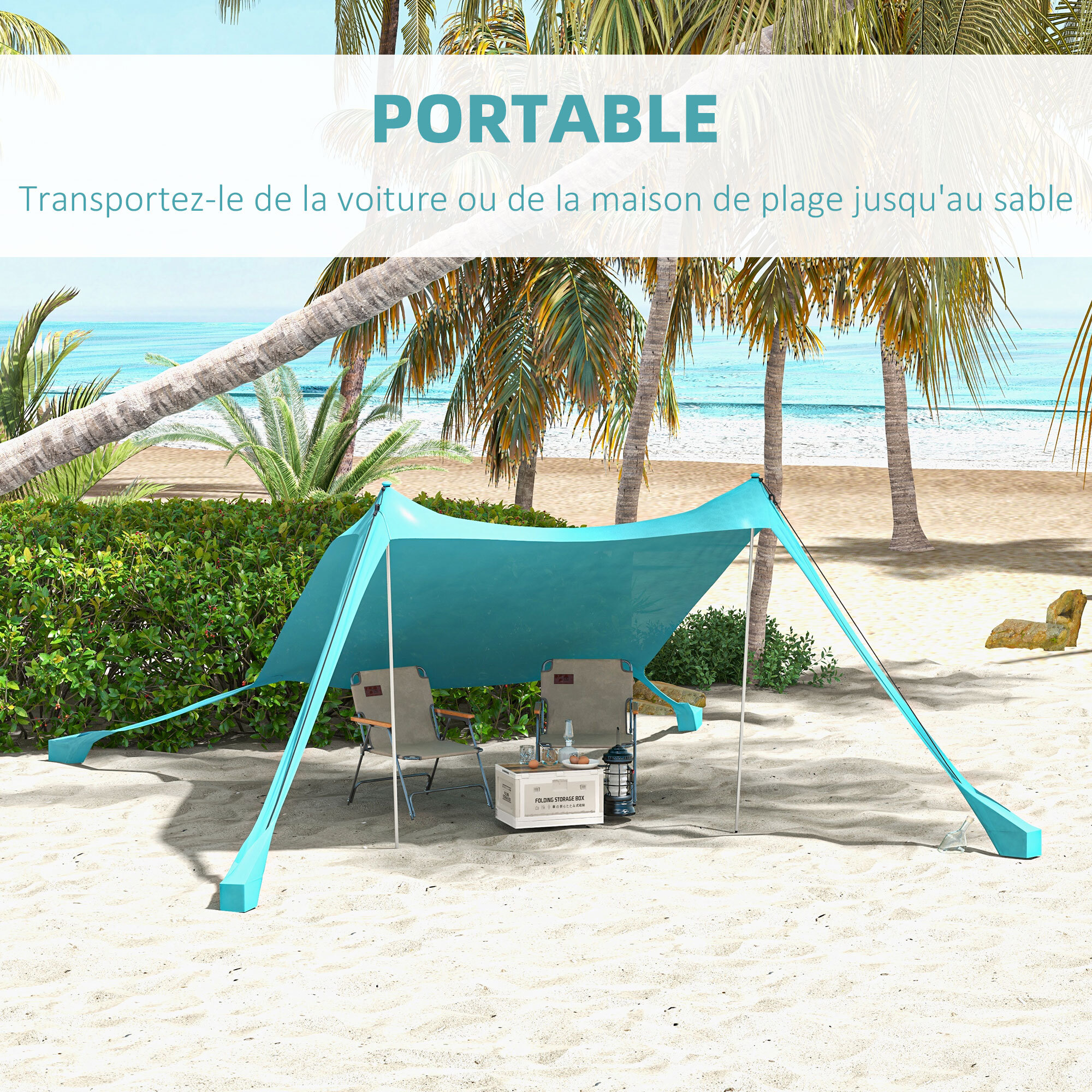 Tente de plage - abri solaire de camping - poteaux, piquets inclus - polyester-élasthanne bleu