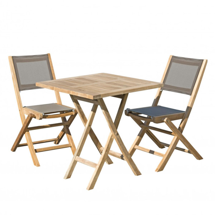 HARRIS - SALON DE JARDIN EN BOIS TECK 2 pers - Ensemble de jardin - 1 Table carrée pliante 70 cm et 2 chaises textilène taupe
