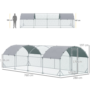 Gallinero para Exterior Grande de Acero Galvanizado 280x760x197 cm Jaula de Aves Cubierta de Tela Oxford Impermeable y Resistente a los Rayos UV para Patio Plata