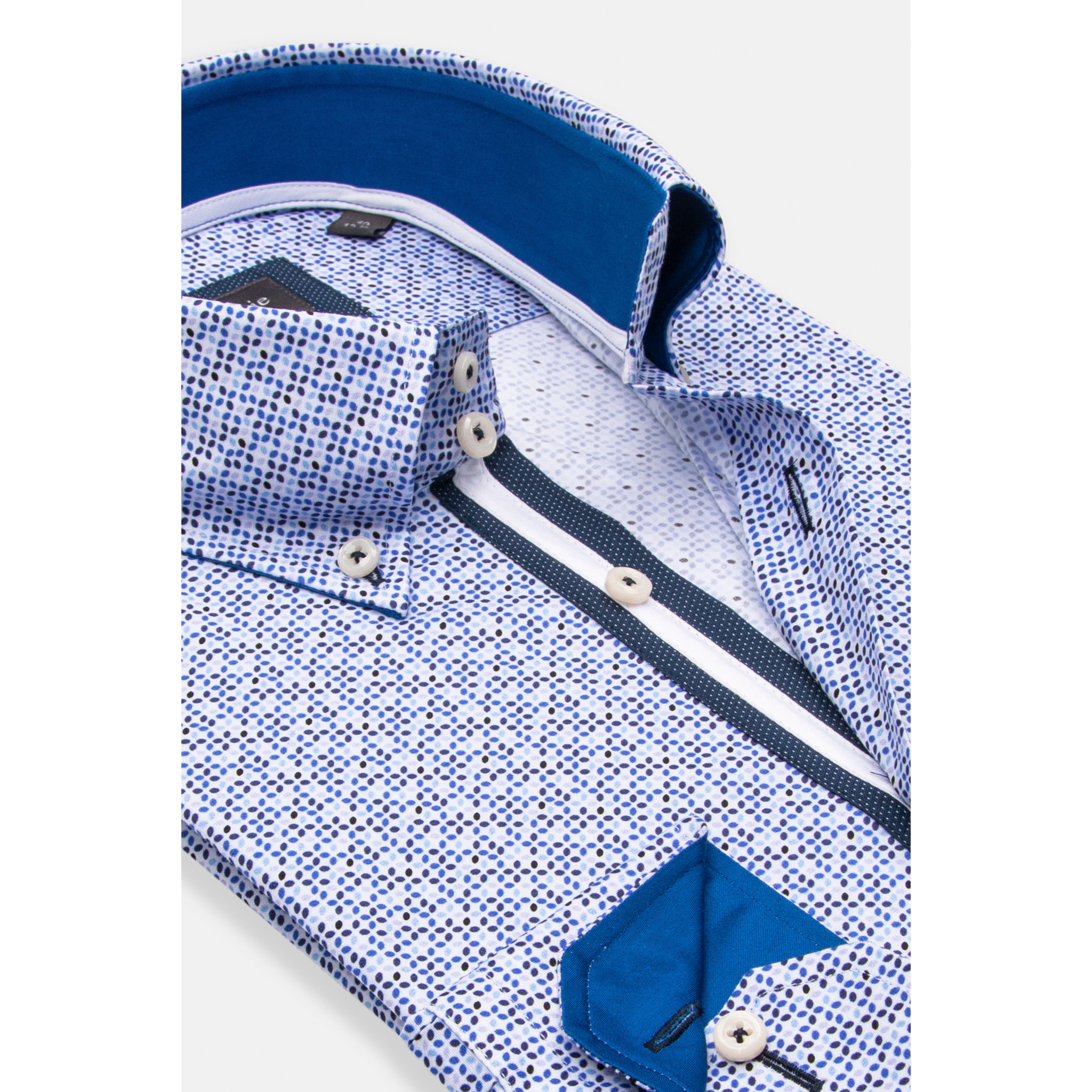 Camicia Uomo 2 Bottoni Button Down Slim Popeline Stretch Stampato Bianco/Celeste