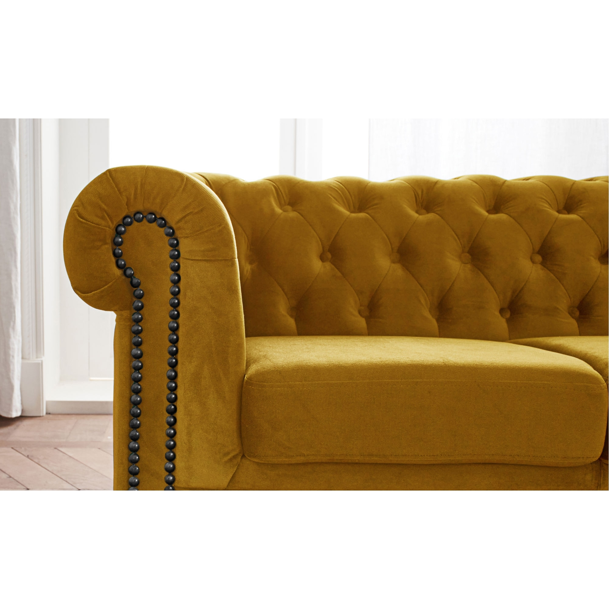 William - canapé Chesterfield d'angle droit - 4 places - en velours - Jaune