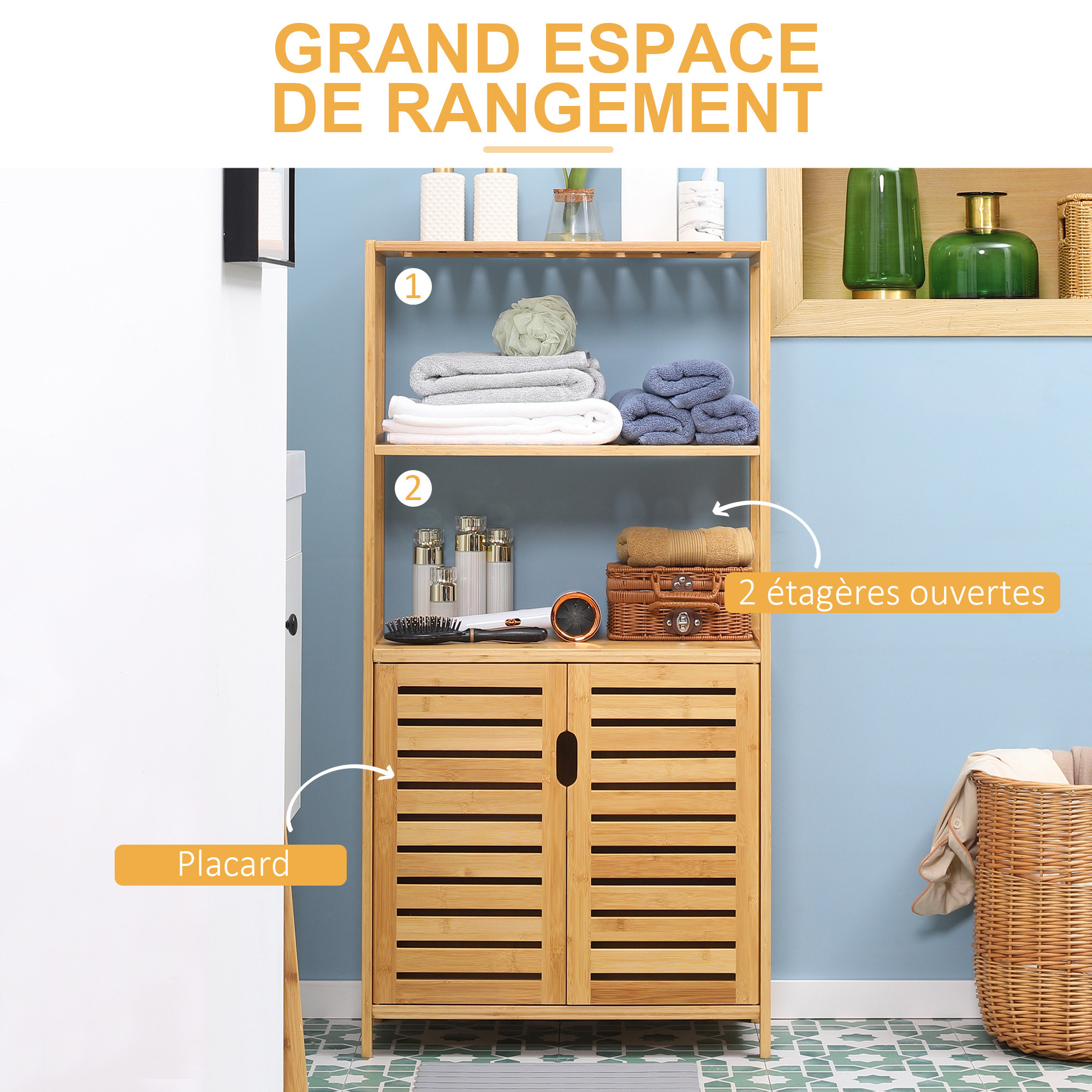Meuble salle de bain bois bambou 2 portes 3 étagères dim. 60 x 30 x 120 cm naturel