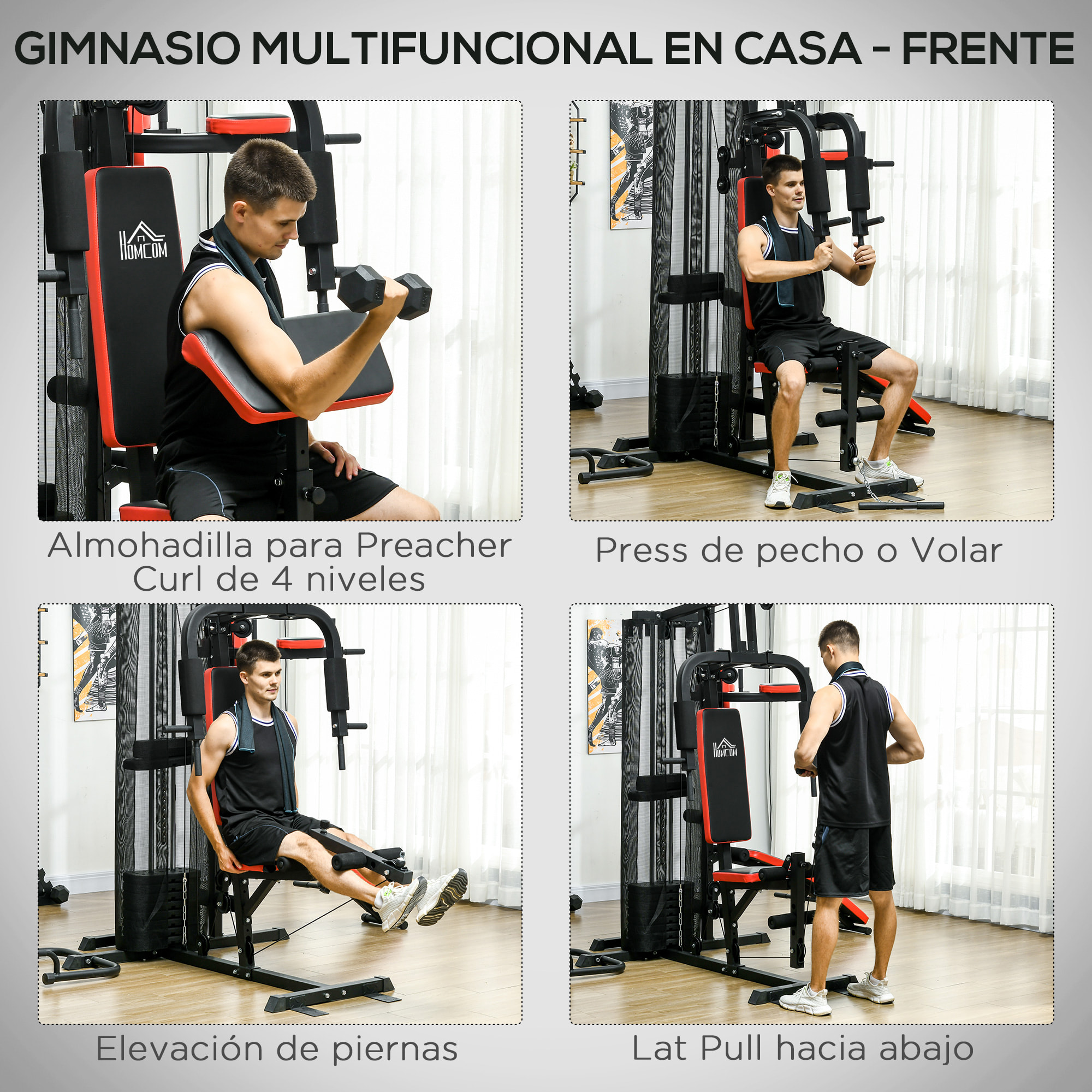 Máquina de Multiestación Ajustable Multiestación de Musculación con Placas de Peso de 45 kg Carga Max. 110 kg para Entrenamiento Fitness en Hogar Gimnasio 225x175x200 cm Negro