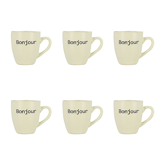 Lot de 6 tasses 20cl en grès blanc à message BONJOUR