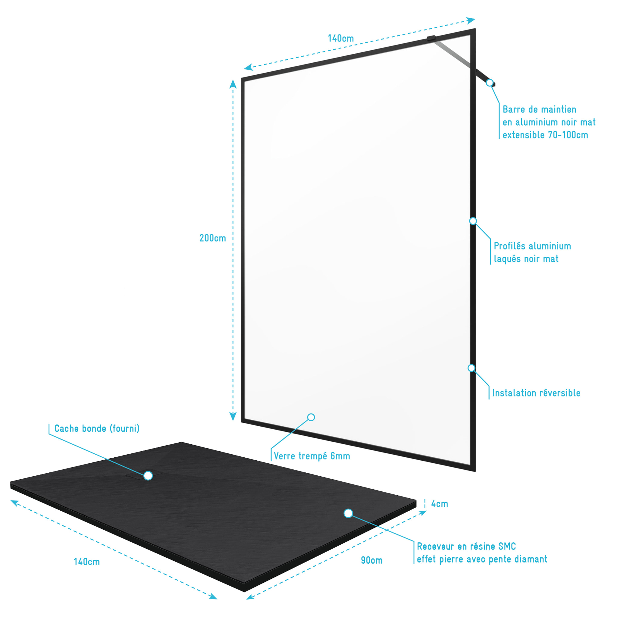 Paroi de douche 140x200 + receveur a poser 140x90 cm + cadre et barre noir mat - CONTOURING 140