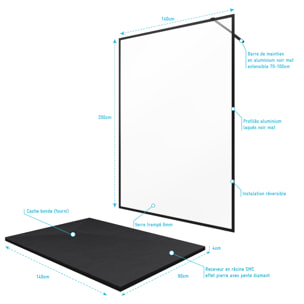 Paroi de douche 140x200 + receveur a poser 140x90 cm + cadre et barre noir mat - CONTOURING 140