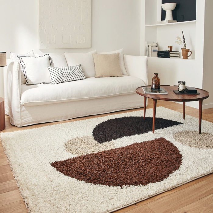 Tapis intérieur shaggy motifs circulaires beige, marron, noir PITT