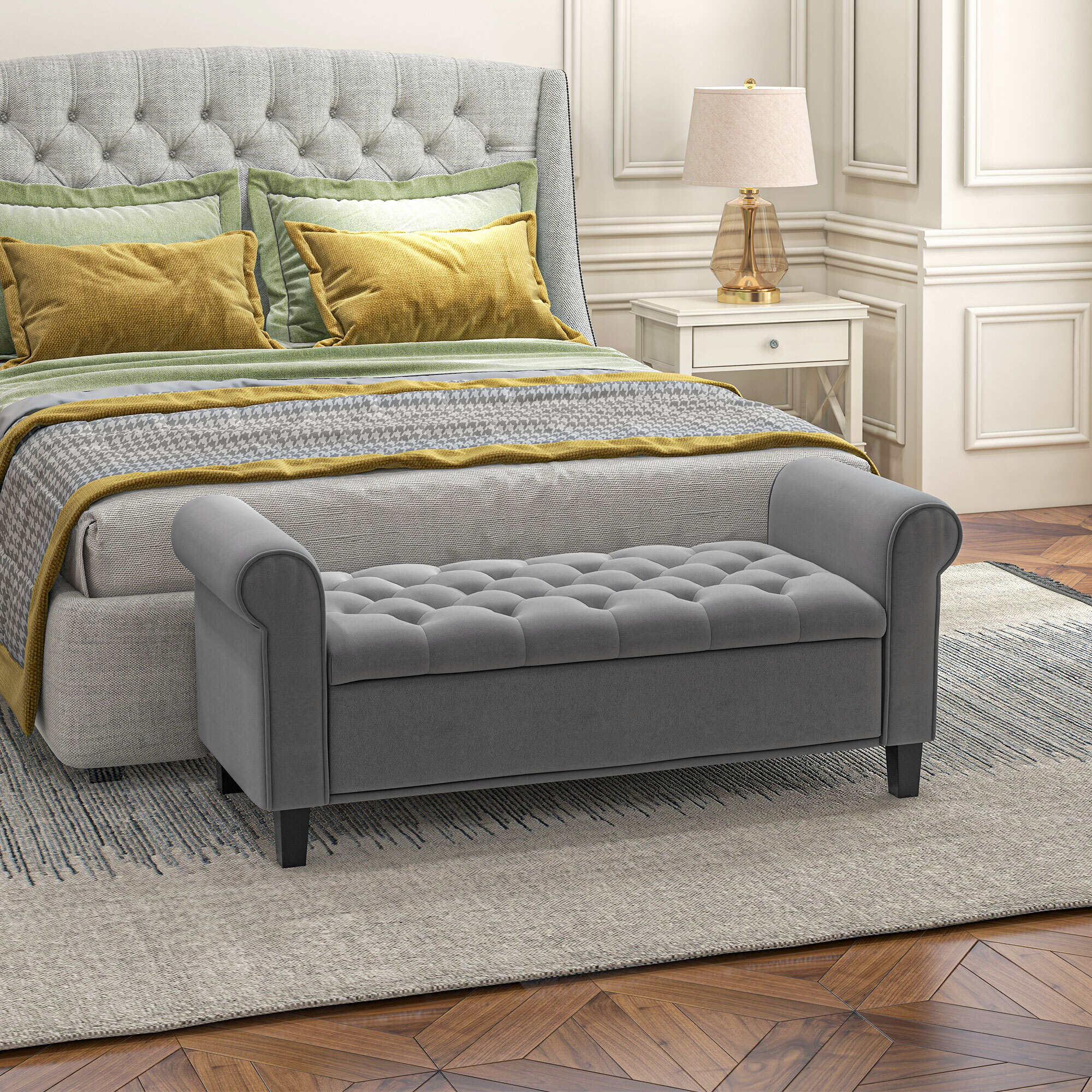 Banc coffre banquette coffre de rangement velours dim. 126 x 48,5 x 57 cm piètement bois hévéa noir gris