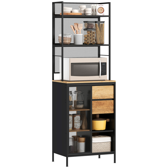 Buffet haut cuisine, armoire de cuisine avec plan de travail, porte coulissante en maille, tiroirs et étagères ouvertes, meuble de rangement industriel, 60x40x180cm, bois naturel et noir