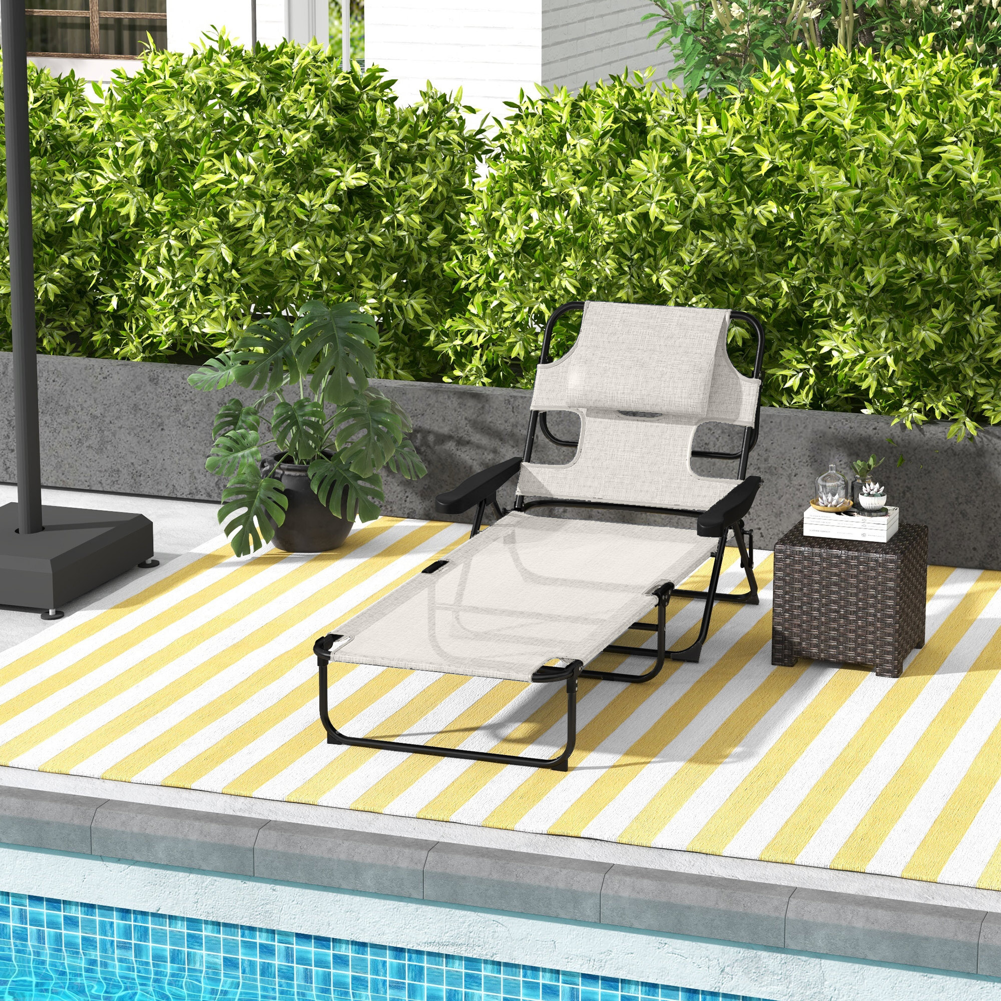 Outsunny Tumbona Plegable Tumbona de Jardín con Respaldo Ajustable en 4 Niveles Orificio de Lectura y Reposacabezas para Terraza Piscina 194x72x31 cm Crema
