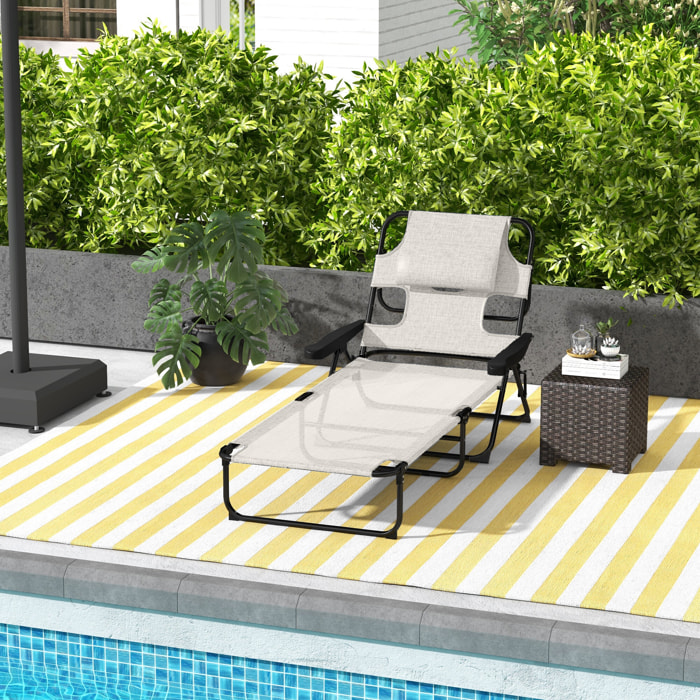 Outsunny Tumbona Plegable Tumbona de Jardín con Respaldo Ajustable en 4 Niveles Orificio de Lectura y Reposacabezas para Terraza Piscina 194x72x31 cm Crema