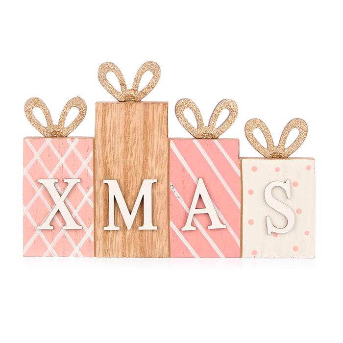 Figura de madera en forma de regalo, diseño "XMAS", color rosa.