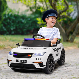 Coche Eléctrico para Niños de +3 Años Carro Eléctrico Infantil de Policía con Batería 12V Mando a Distancia Faros Bocina Sirena Música y Rueda de Entrenamiento Blanco