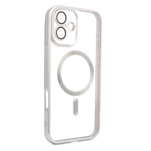 Carcasa transparente con cámara cubierta, bordes plateados, antichoque y antihuellas. Magsafe para iPhone 16 Plus.