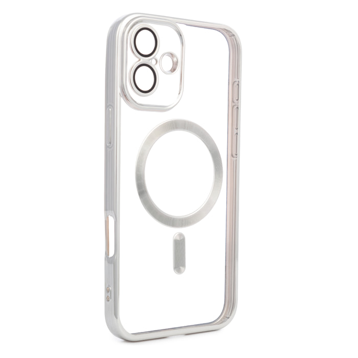 Carcasa transparente con cámara cubierta, bordes plateados, antichoque y antihuellas. Magsafe para iPhone 16 Plus.