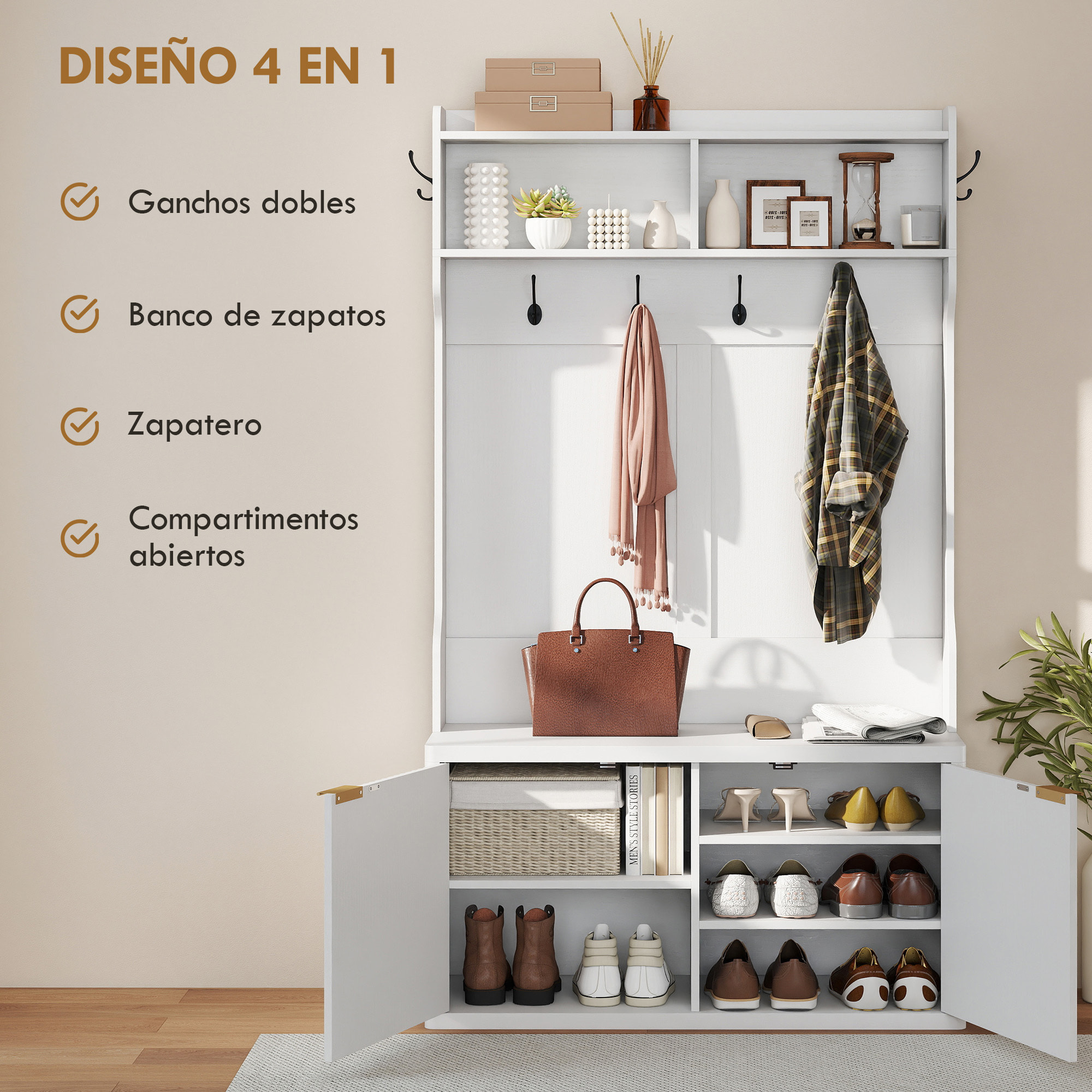 Perchero Zapatero, Perchero Recibidor con 2 Puertas, Estantes Abiertos, 6 Ganchos, para Pasillo, Dormitorio, Salón, Estilo Moderno, 100x38x172 cm, Blanco